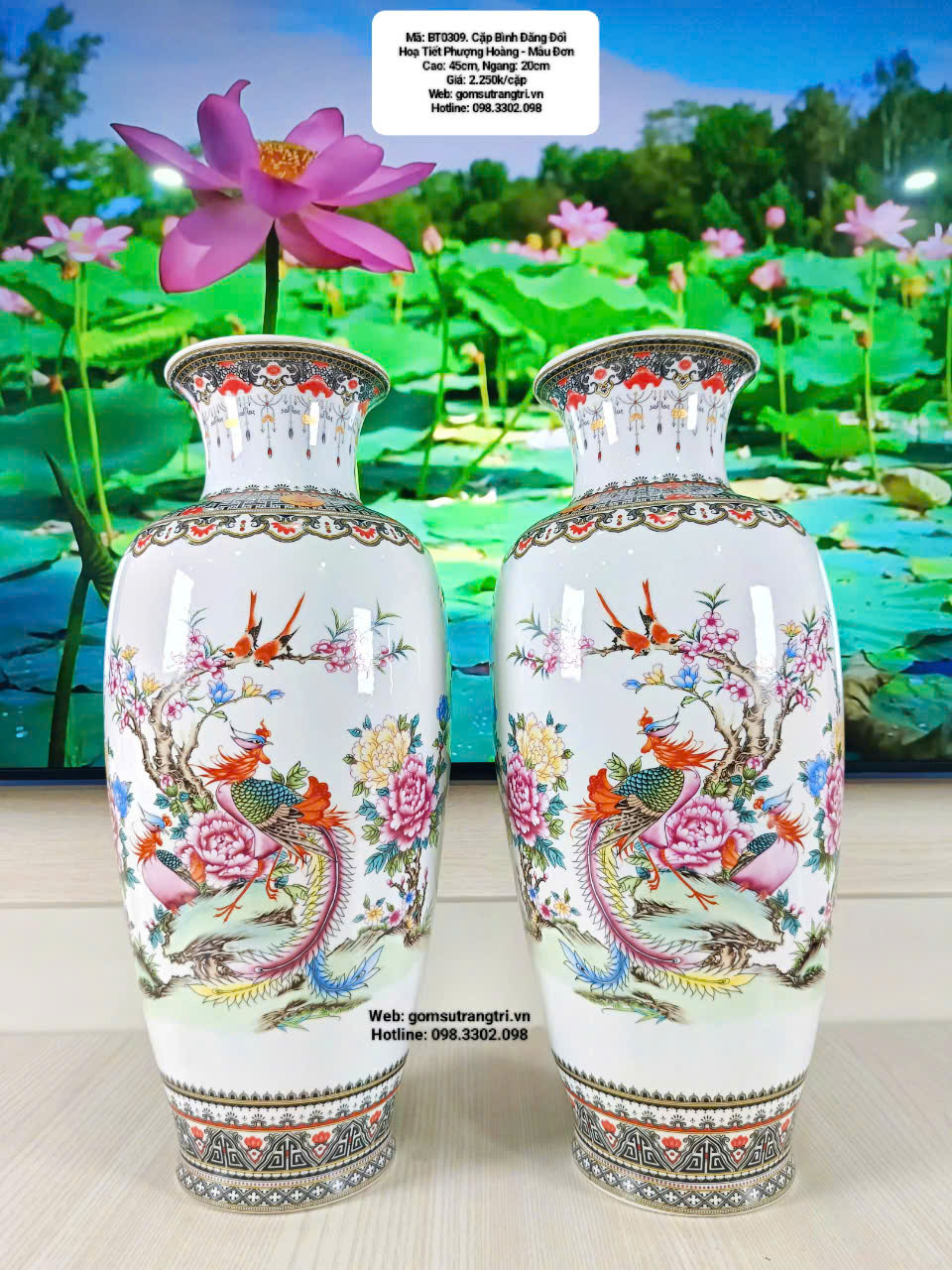 CẶP BÌNH ĐĂNG ĐỐI HỌA TIẾT PHƯỢNG HOÀNG - MẤU ĐƠN